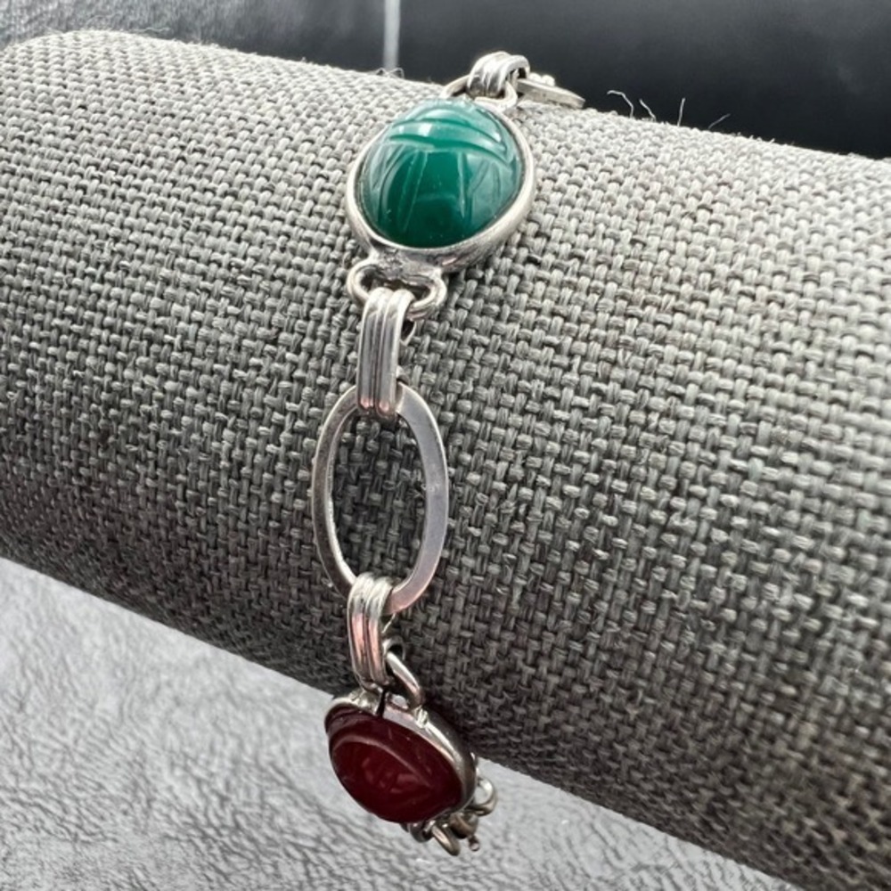 Sterling Silver Multi Stone Scarab Link Bracelet 7.5" Vintage 1950s Cottagecore